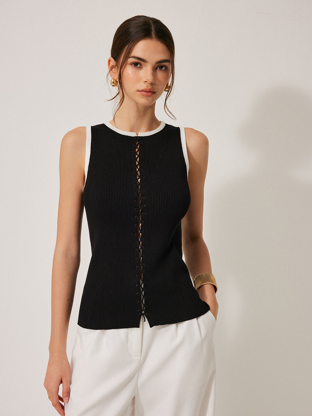 Color Block Knitted Drawstring Vest