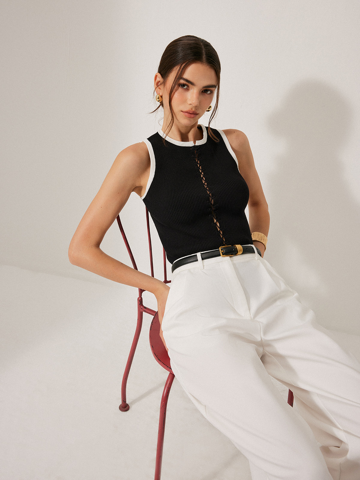 Color Block Knitted Drawstring Vest
