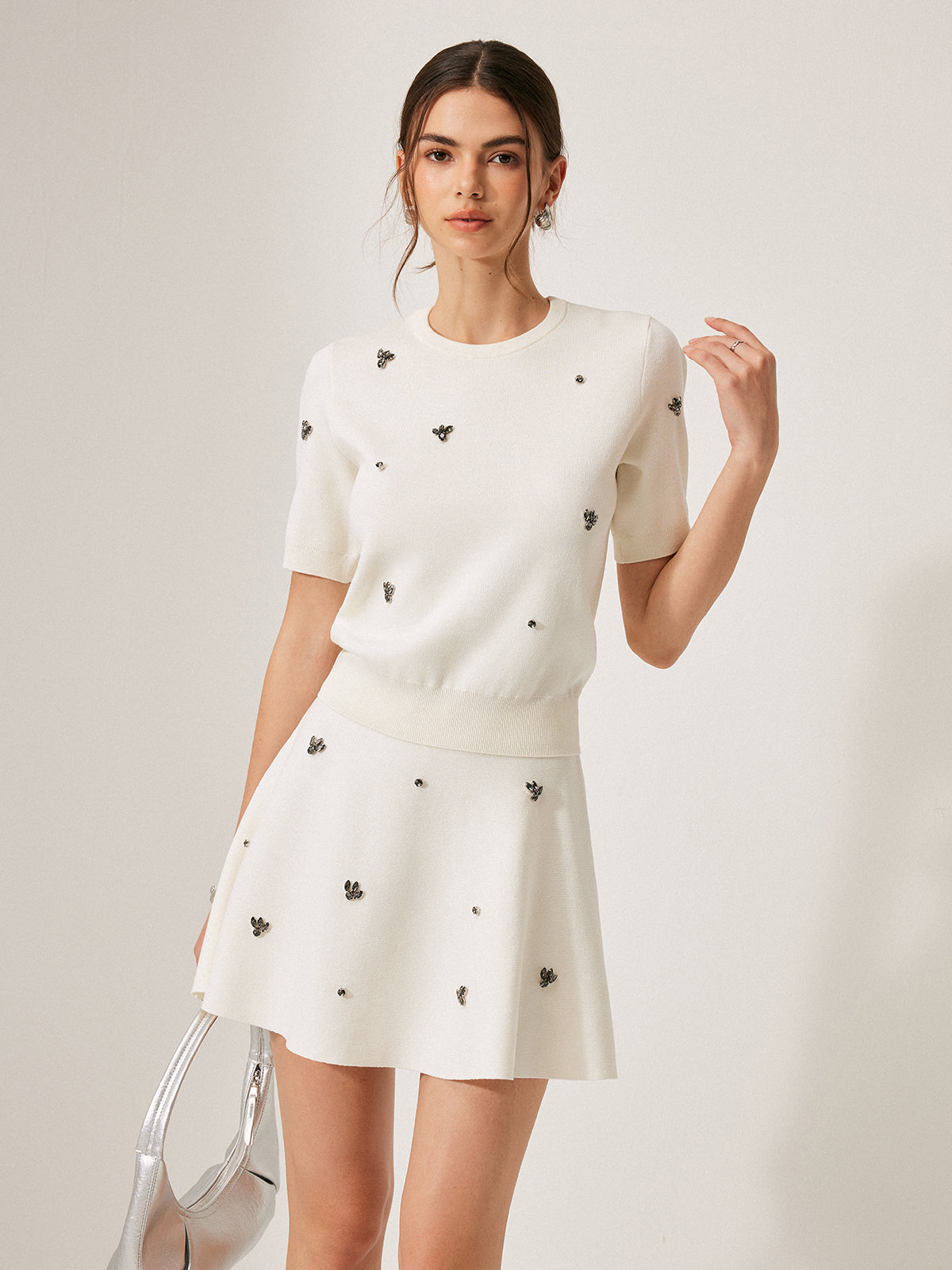 Short-Sleeved Detailed Mini Knitted Dress