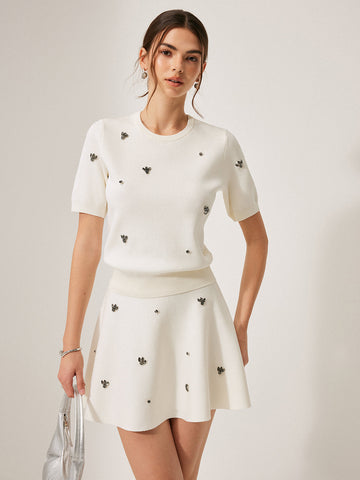 Short-Sleeved Detailed Mini Knitted Dress