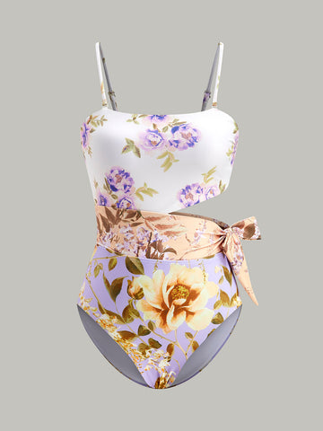 Printed Cutout Bow Spaghetti Strap One-Piece Swimsuit