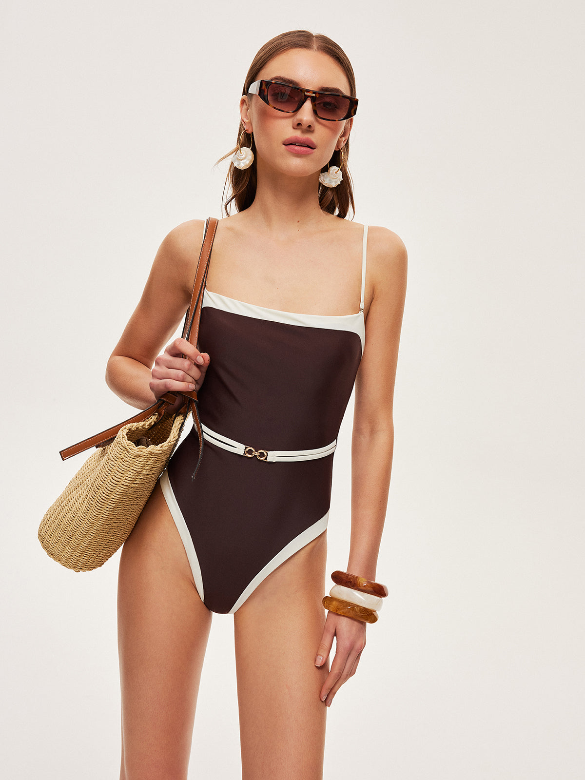 One-Piece Swimsuit with Contrast Trim Metal Details and Thin Straps