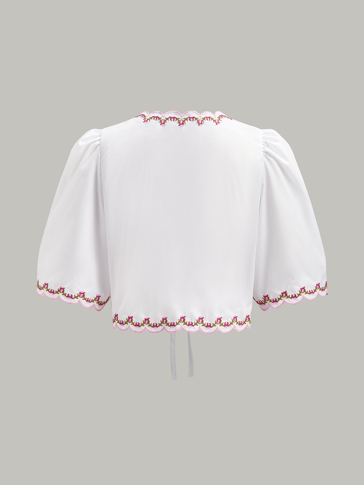 Embroidered Blouse with Scalloped Edges, Puff Sleeves and Bow