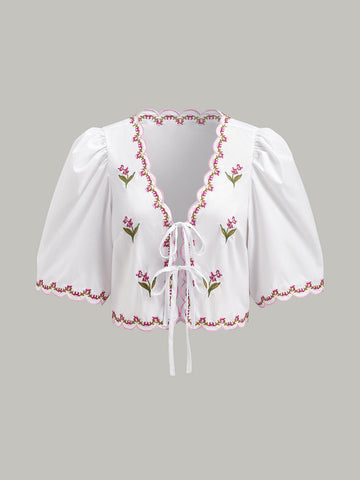 Embroidered Blouse with Scalloped Edges, Puff Sleeves and Bow