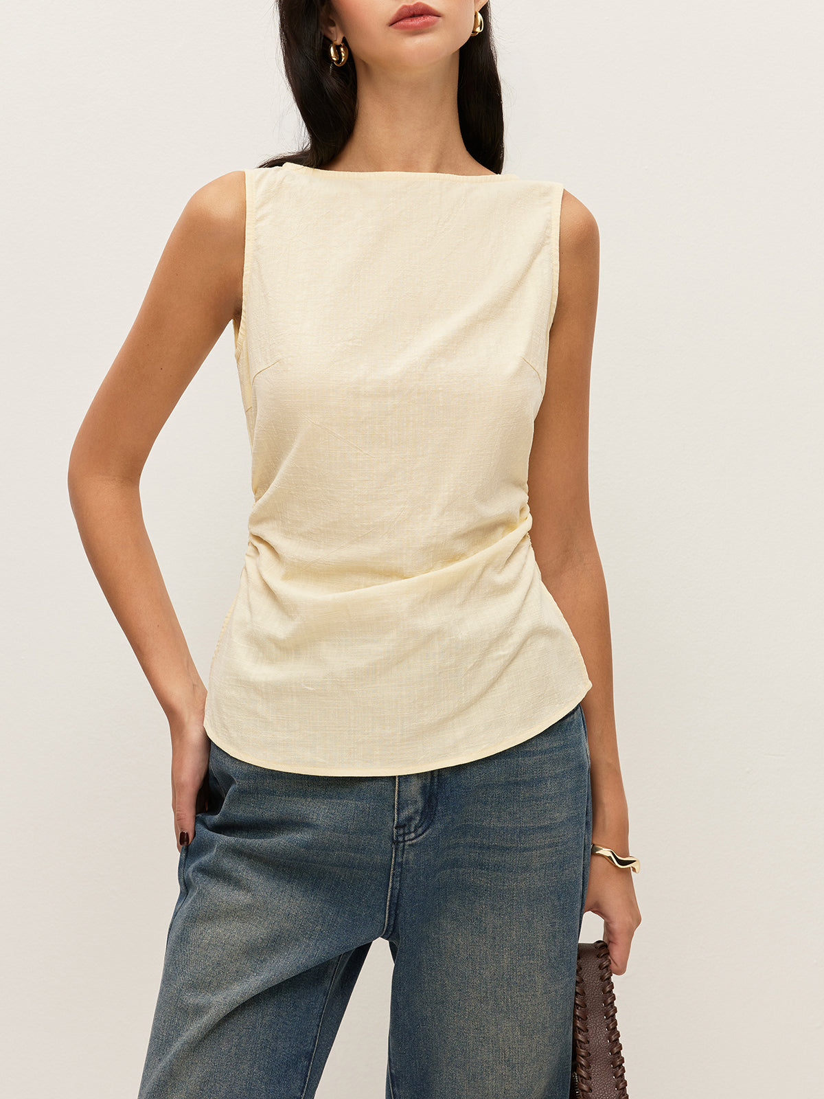 Cotton Plain Boat Neck Gathered Waist Sleeveless Blouse