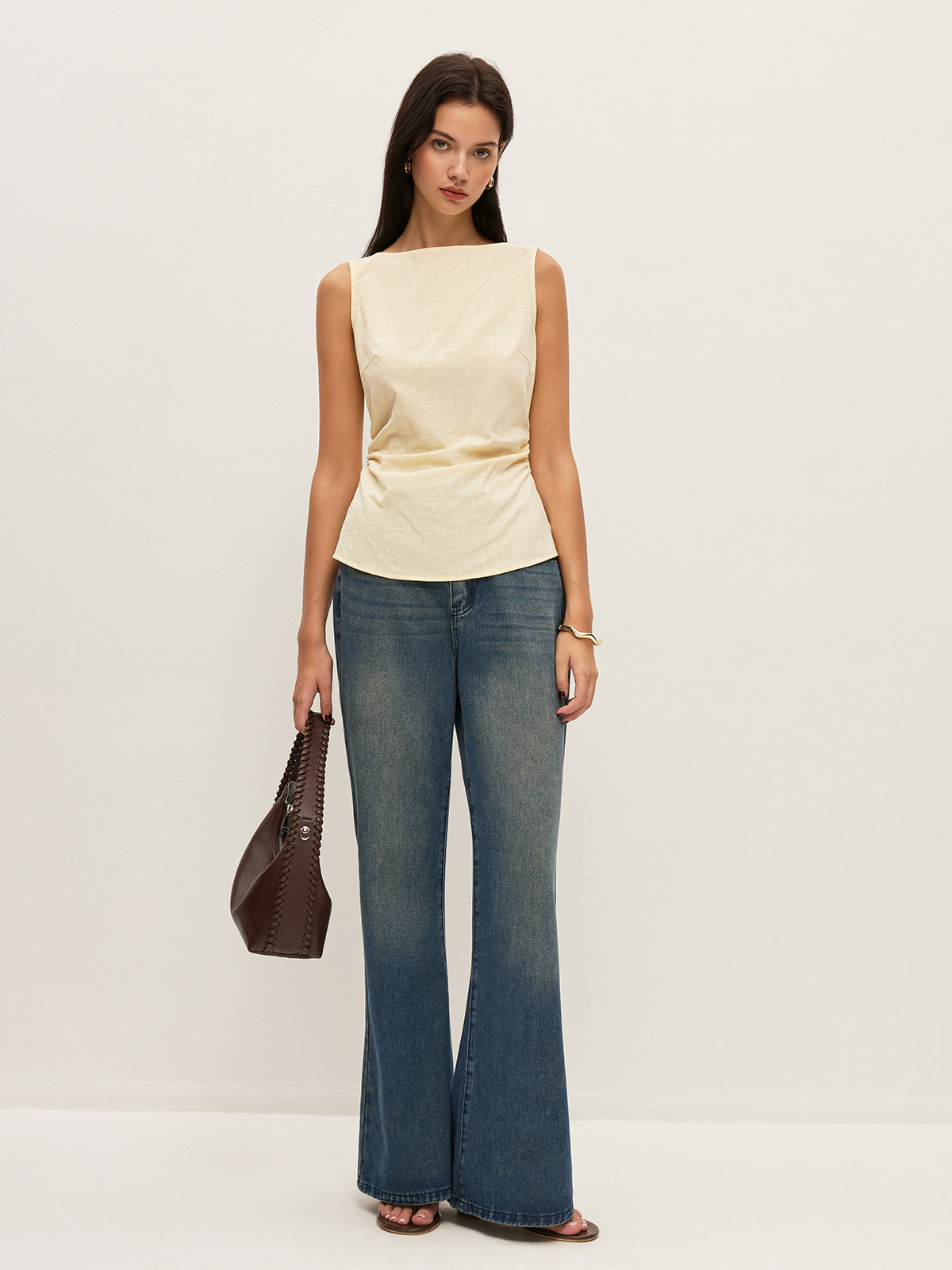 Cotton Plain Boat Neck Gathered Waist Sleeveless Blouse