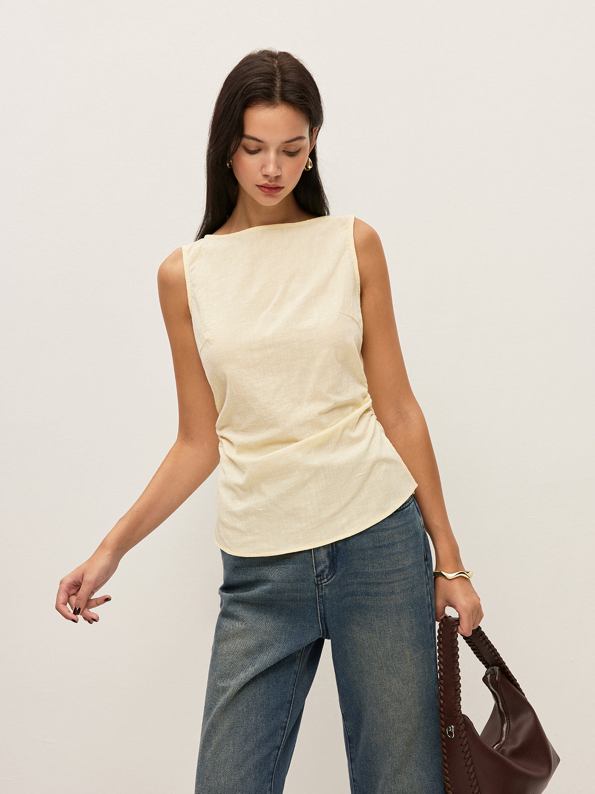 Cotton Plain Boat Neck Gathered Waist Sleeveless Blouse
