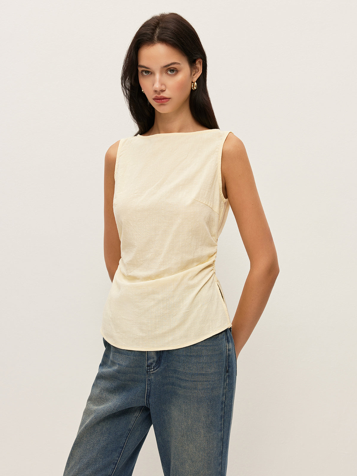Cotton Plain Boat Neck Gathered Waist Sleeveless Blouse