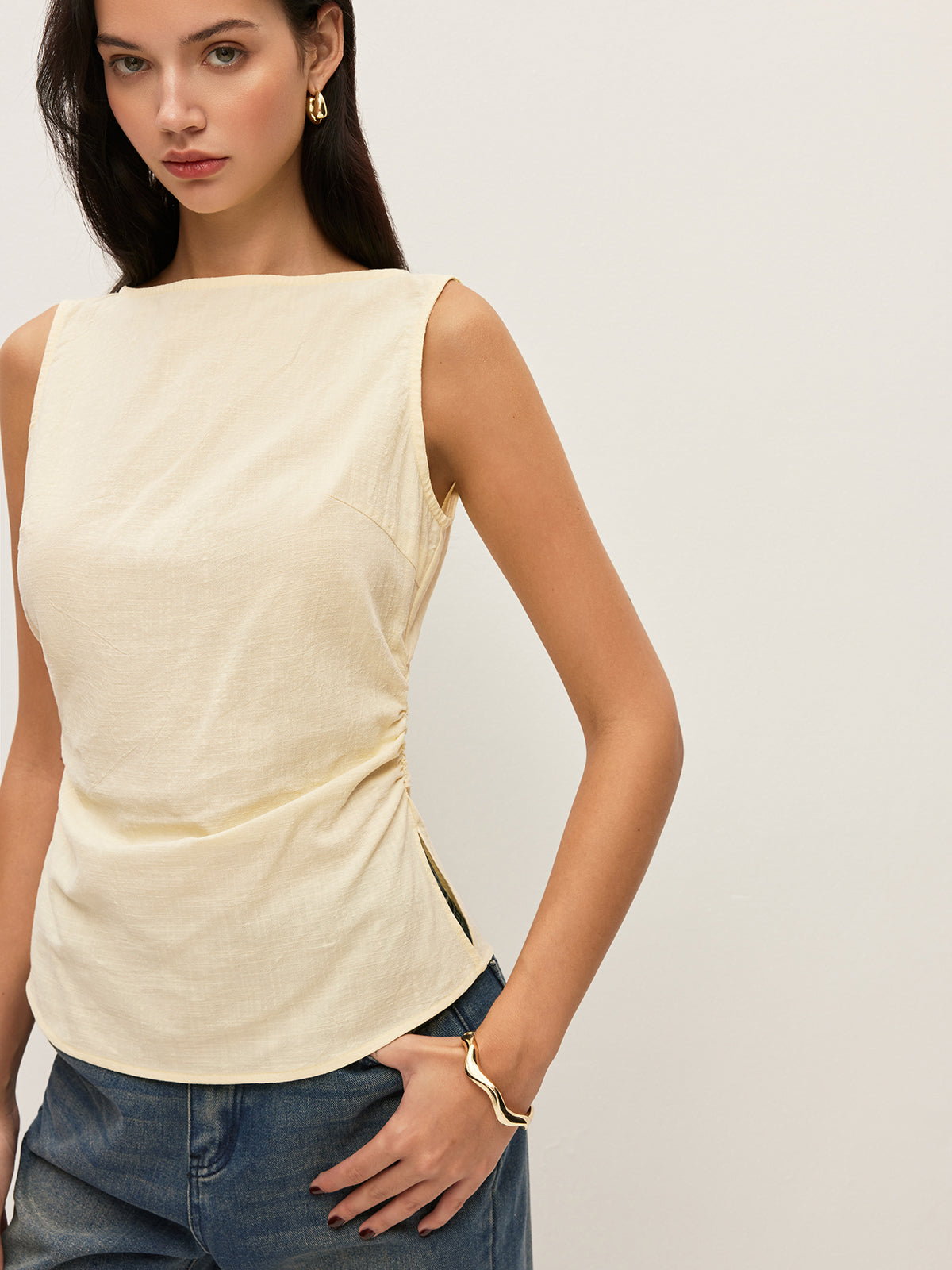 Cotton Plain Boat Neck Gathered Waist Sleeveless Blouse