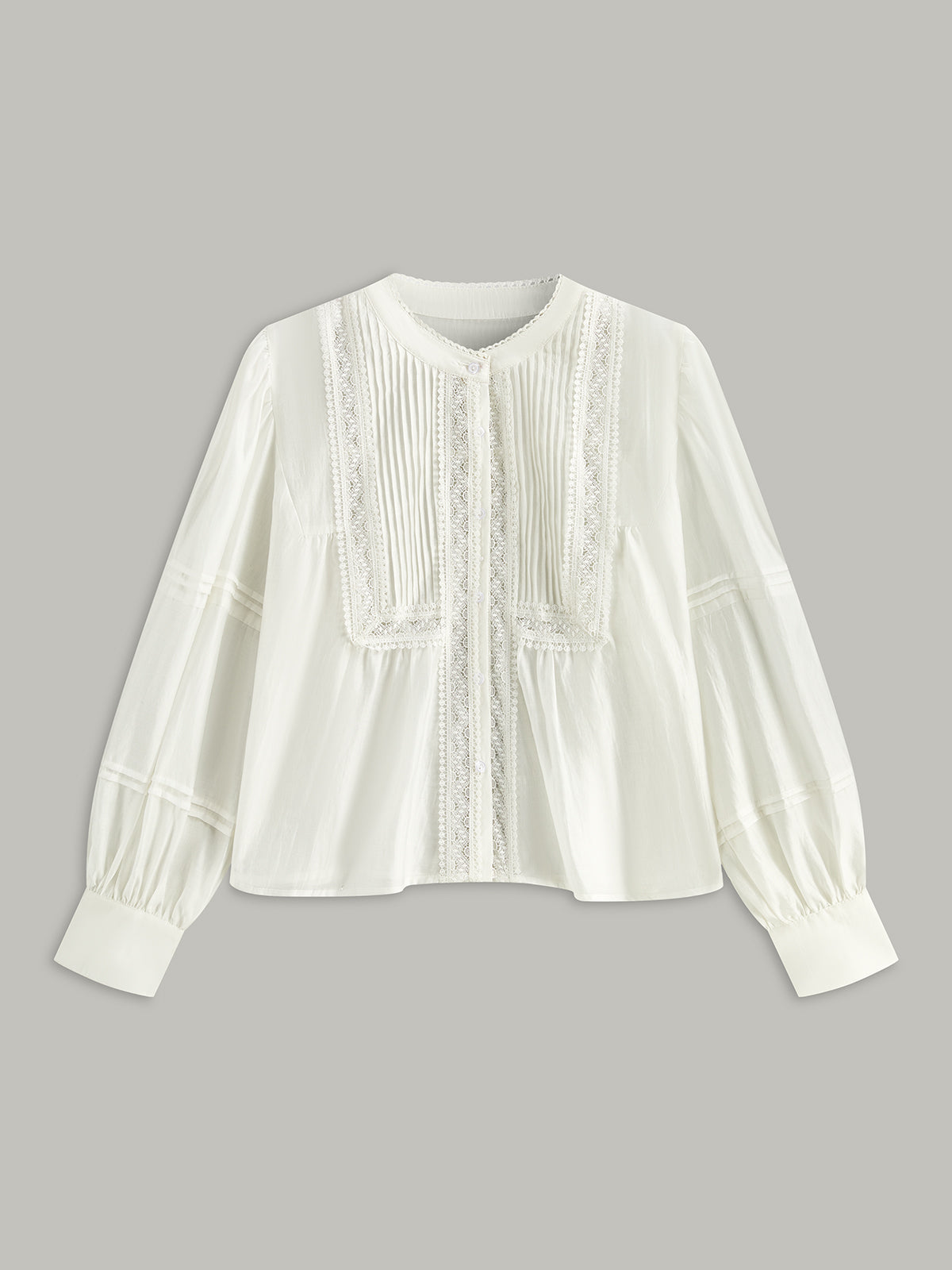 Pleated Lace Trimmed Buttoned Blouse