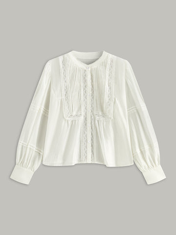 Pleated Lace Trimmed Buttoned Blouse