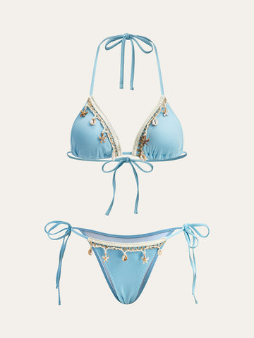 Shell Charm Trim Lace-up Bikini Set