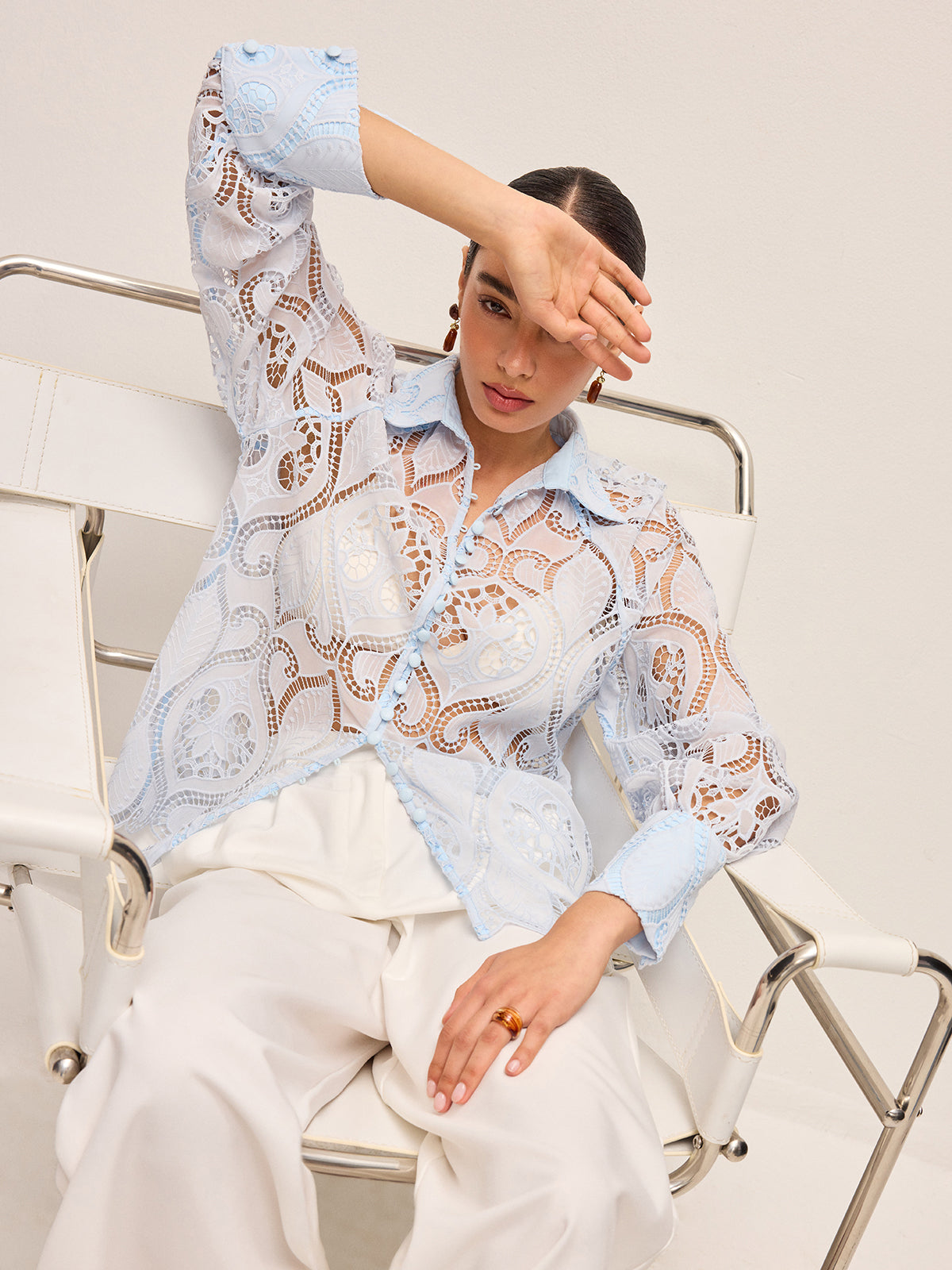 Fabric Buttoned Sheer Lace Blouse