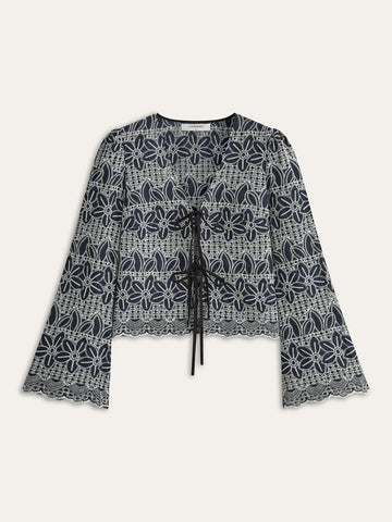 Lace-up Embroidered Blouse