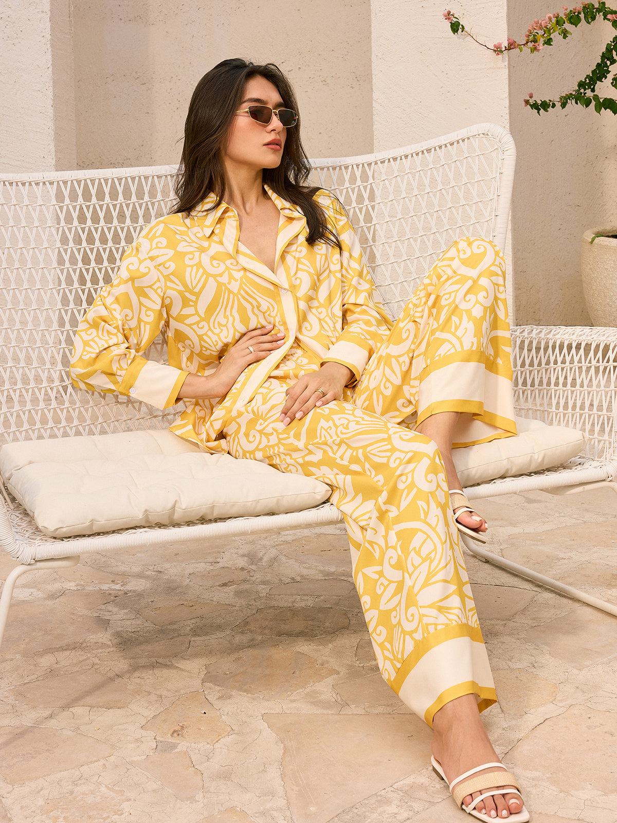 Patterned Mid-Waist Wide Leg Trousers 