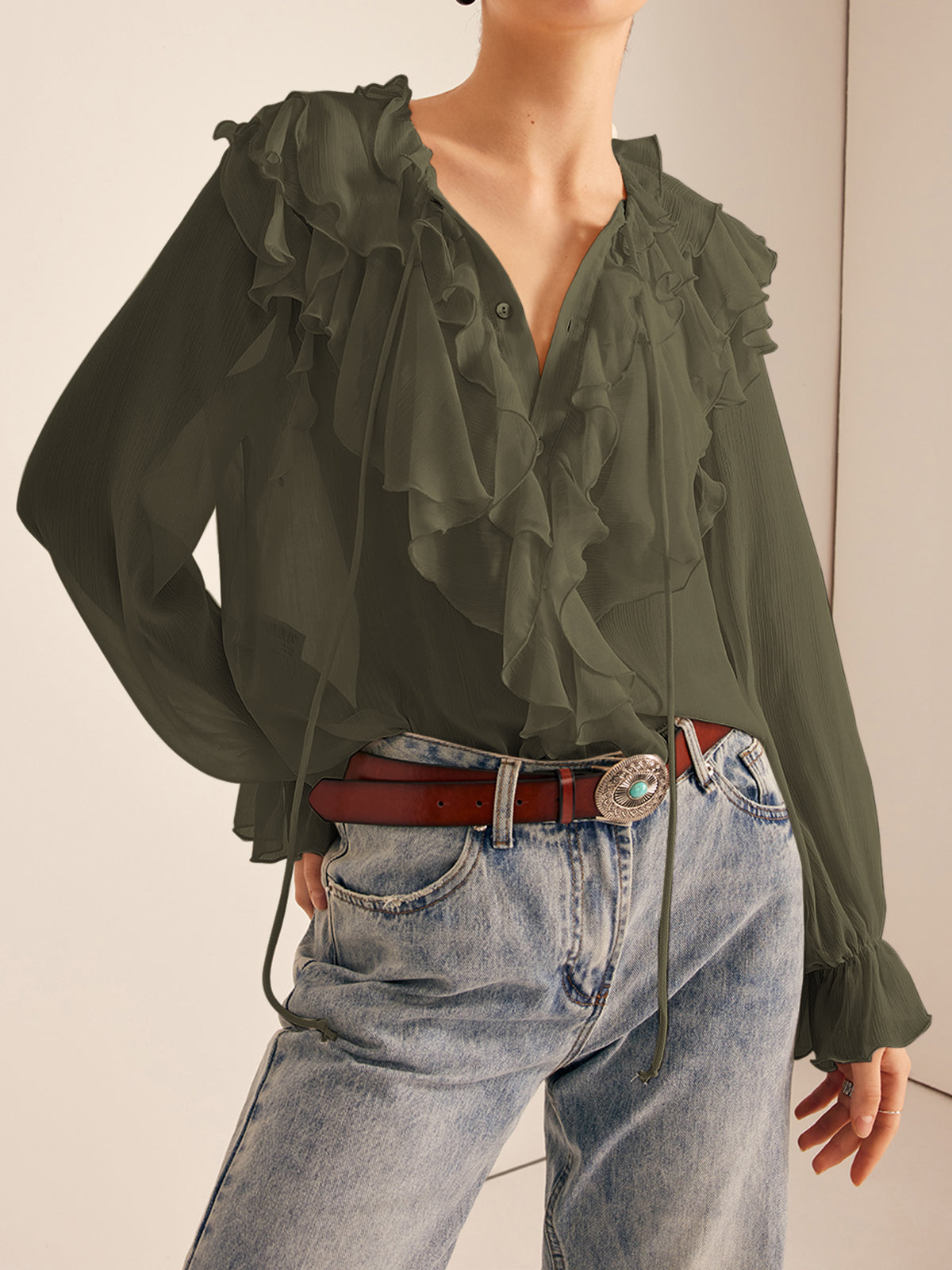 Semi-Sheer Ruffled Chiffon Blouse with Bust
