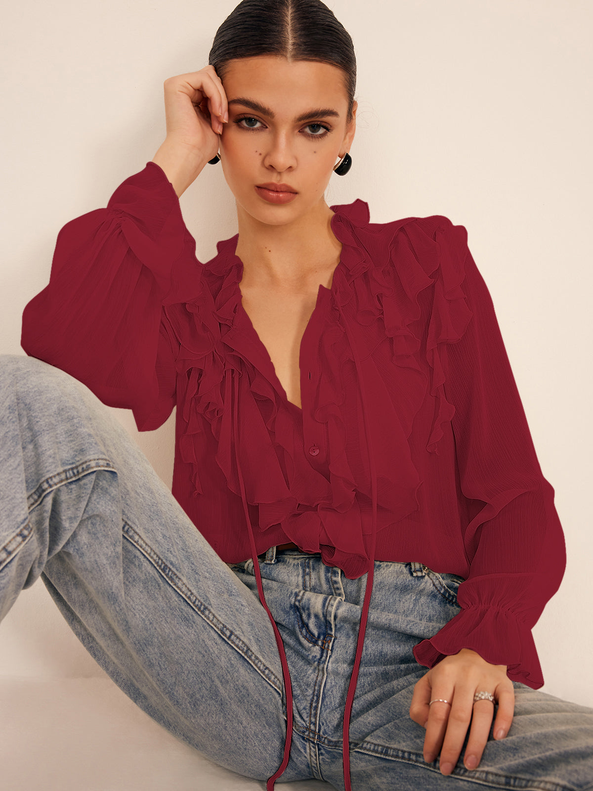 Semi-Sheer Ruffled Chiffon Blouse with Bust
