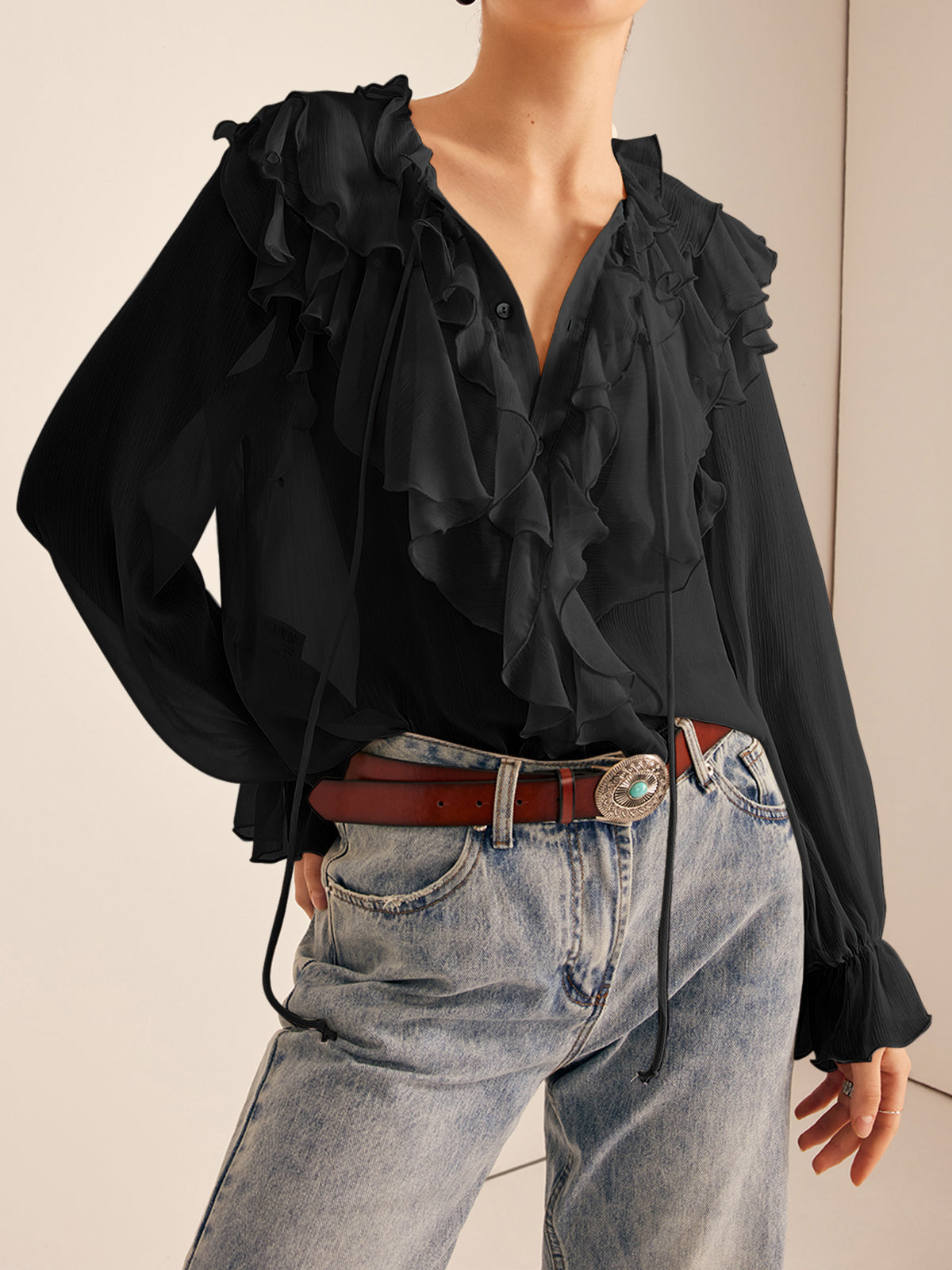 Semi-Sheer Ruffled Chiffon Blouse with Bust
