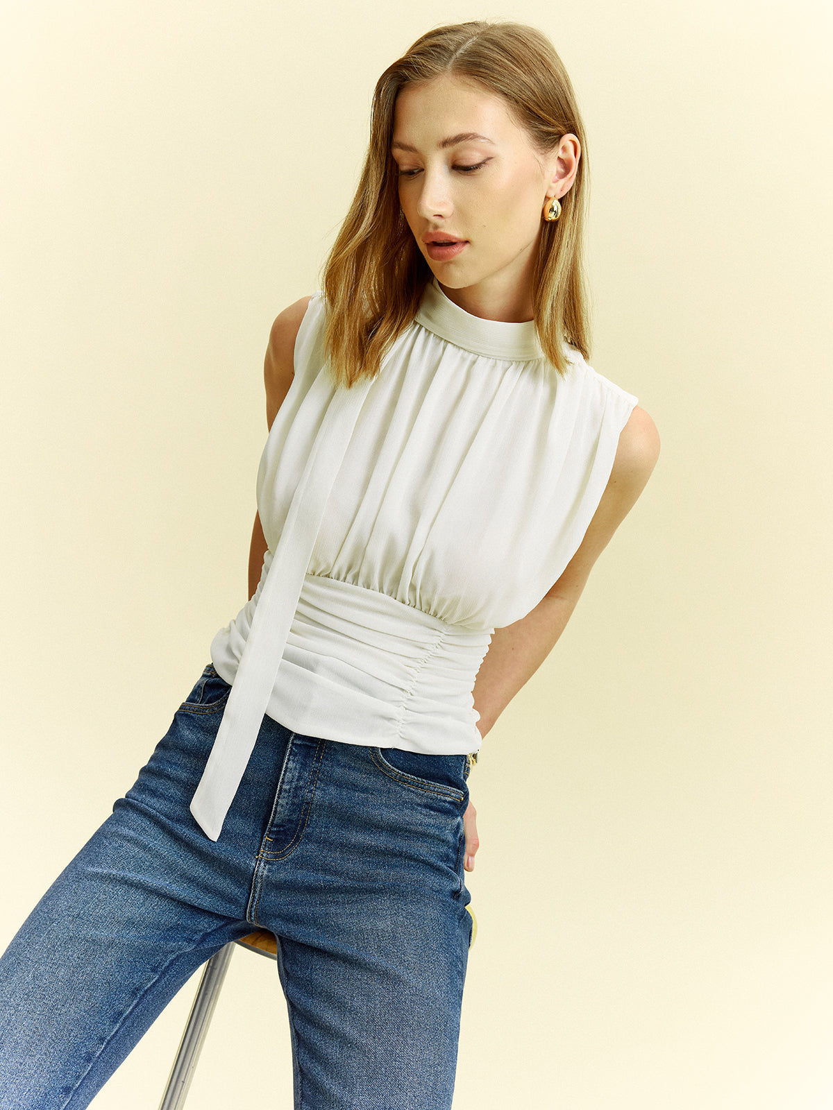 Gathered Waist Blouse with Bow Tie at the Back