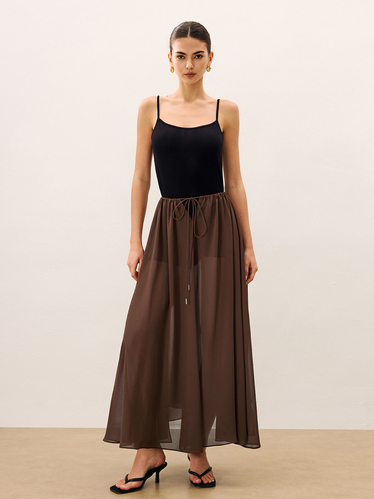 Lace-up Detail Cape Style Semi-Sheer Chiffon Blouse