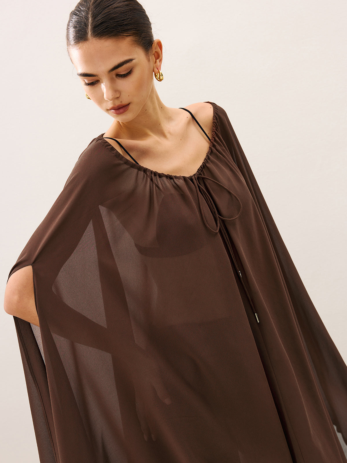 Lace-up Detail Cape Style Semi-Sheer Chiffon Blouse
