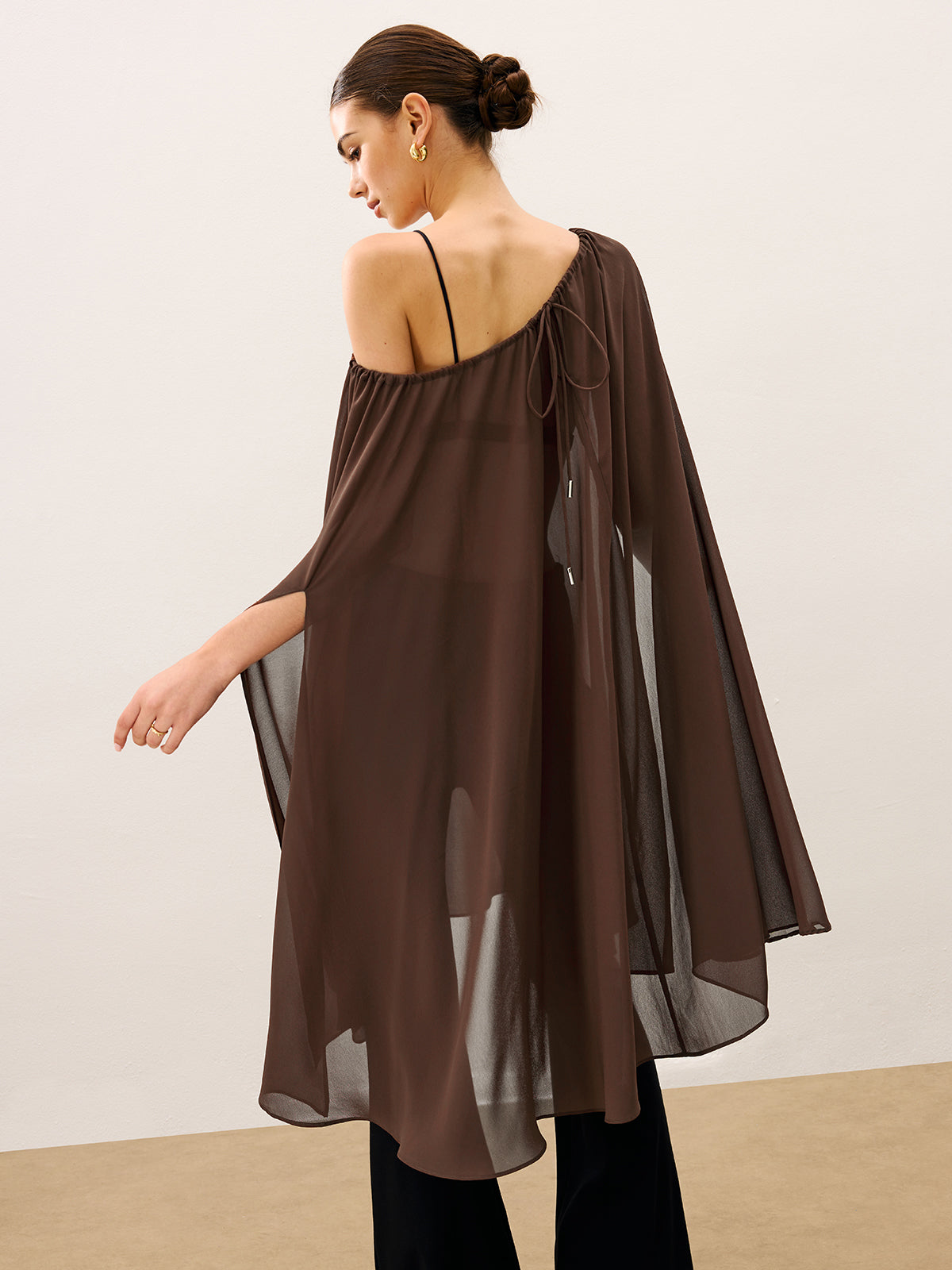 Lace-up Detail Cape Style Semi-Sheer Chiffon Blouse