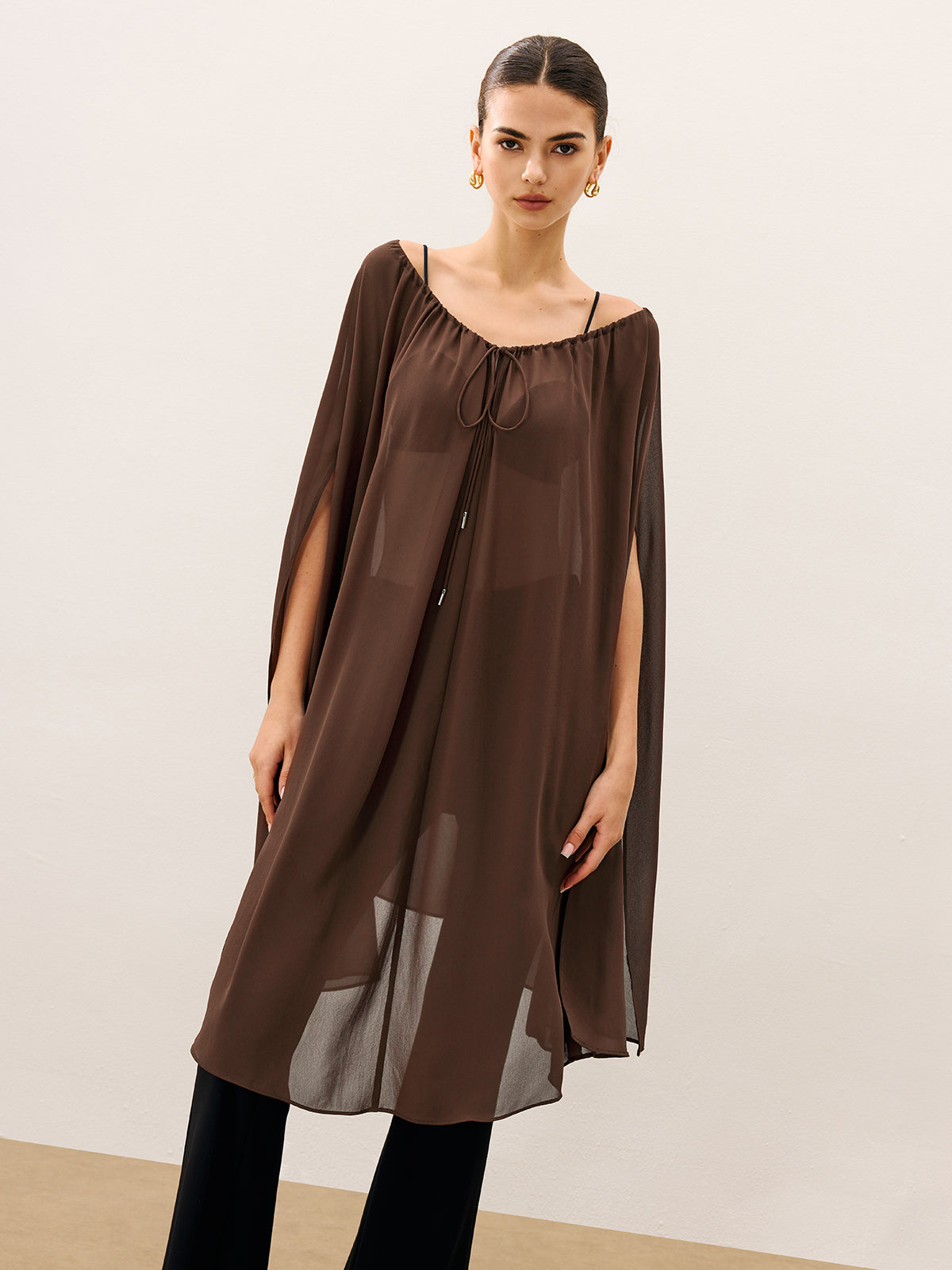 Lace-up Detail Cape Style Semi-Sheer Chiffon Blouse
