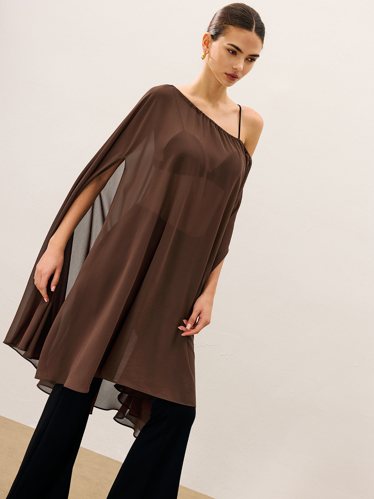 Lace-up Detail Cape Style Semi-Sheer Chiffon Blouse