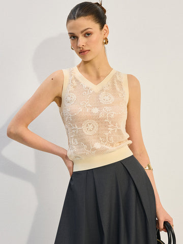 Semi-Transparent Ribbed V-Neck Knitted Vest