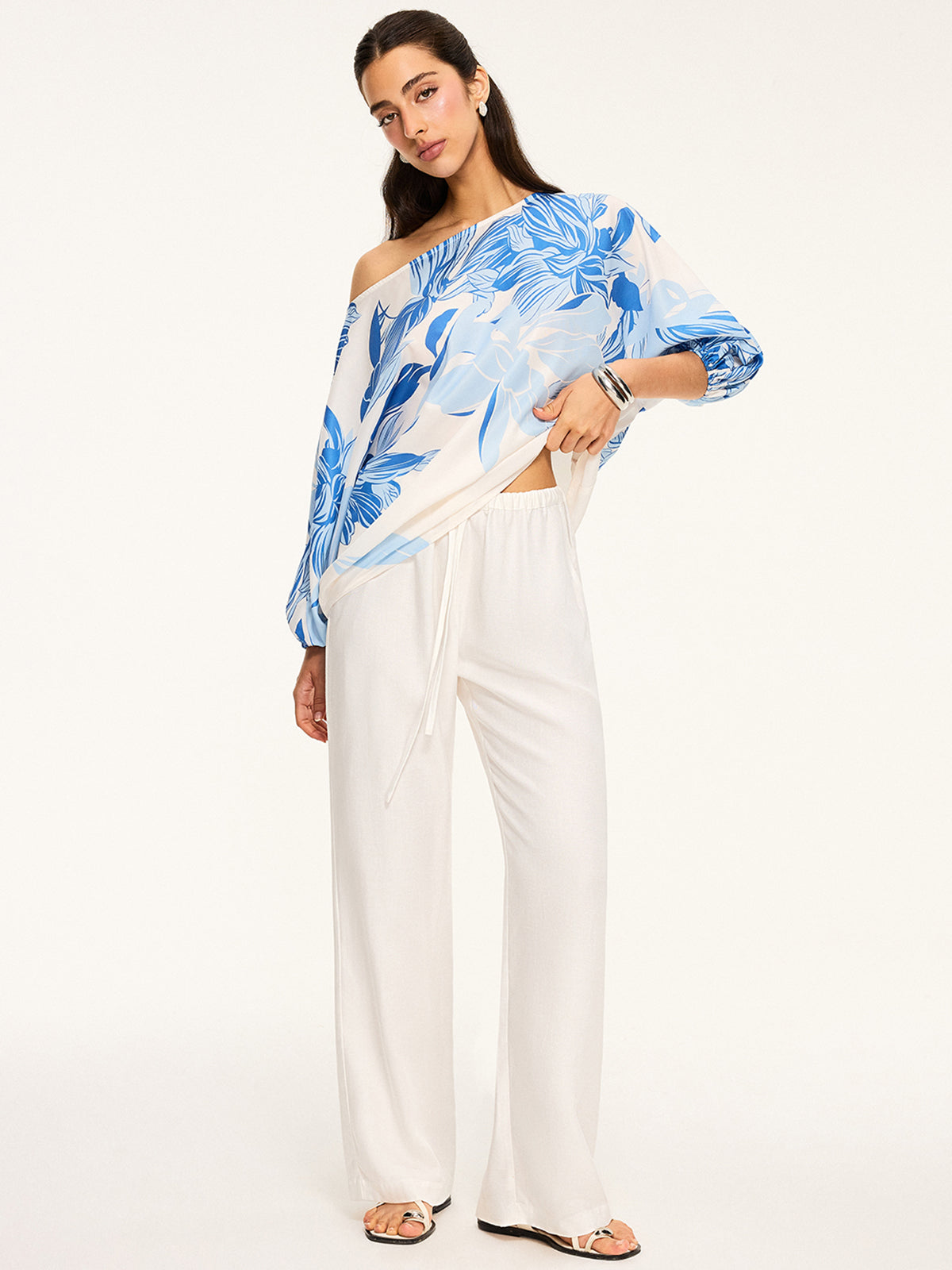 Off-the-shoulder floral print blouse