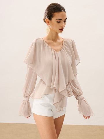 Halbtransparente, gerüschte Lagenbluse aus Chiffon