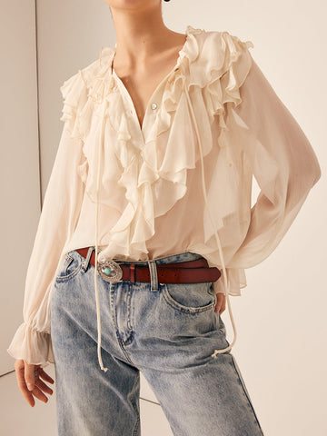Semi-Sheer Ruffled Chiffon Blouse with Bust