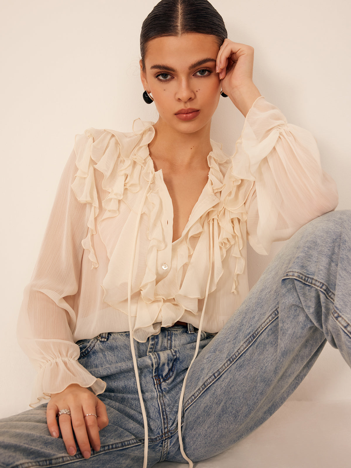 Semi-Sheer Ruffled Chiffon Blouse with Bust