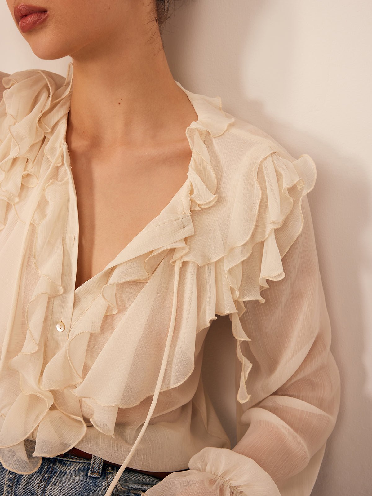 Semi-Sheer Ruffled Chiffon Blouse with Bust
