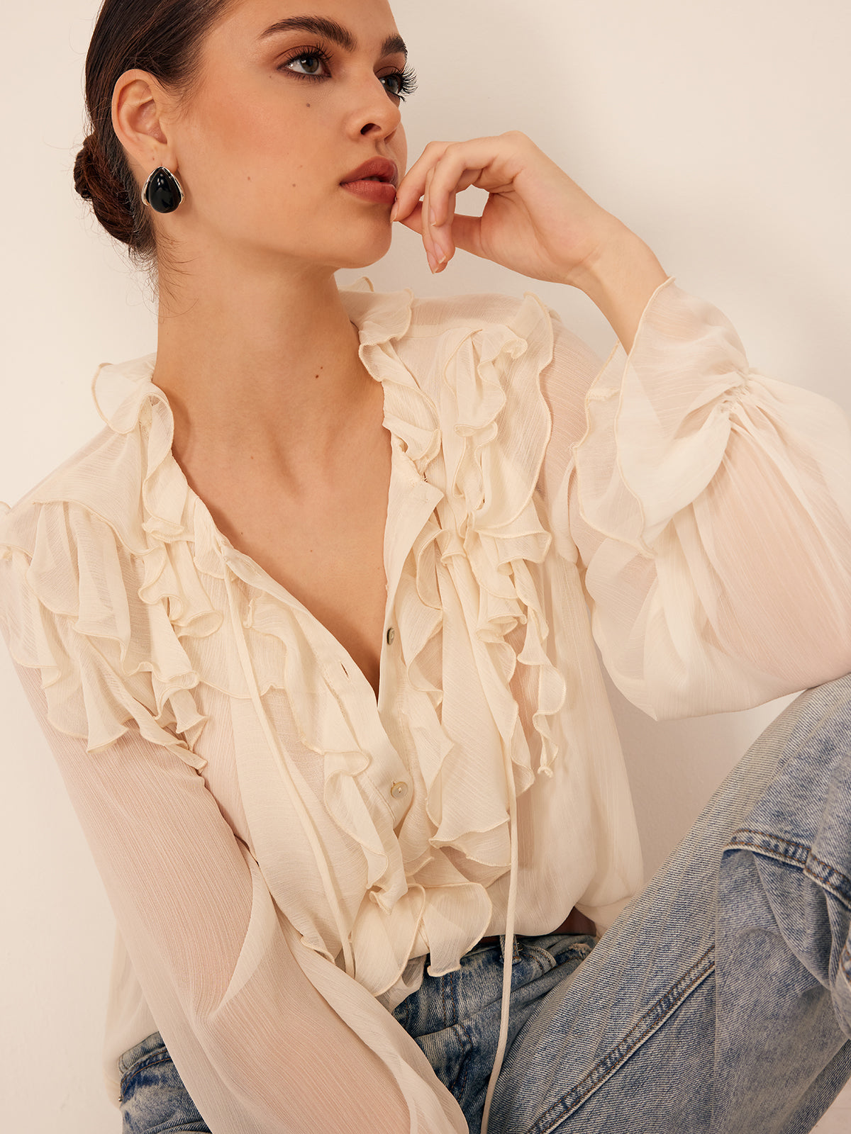 Semi-Sheer Ruffled Chiffon Blouse with Bust