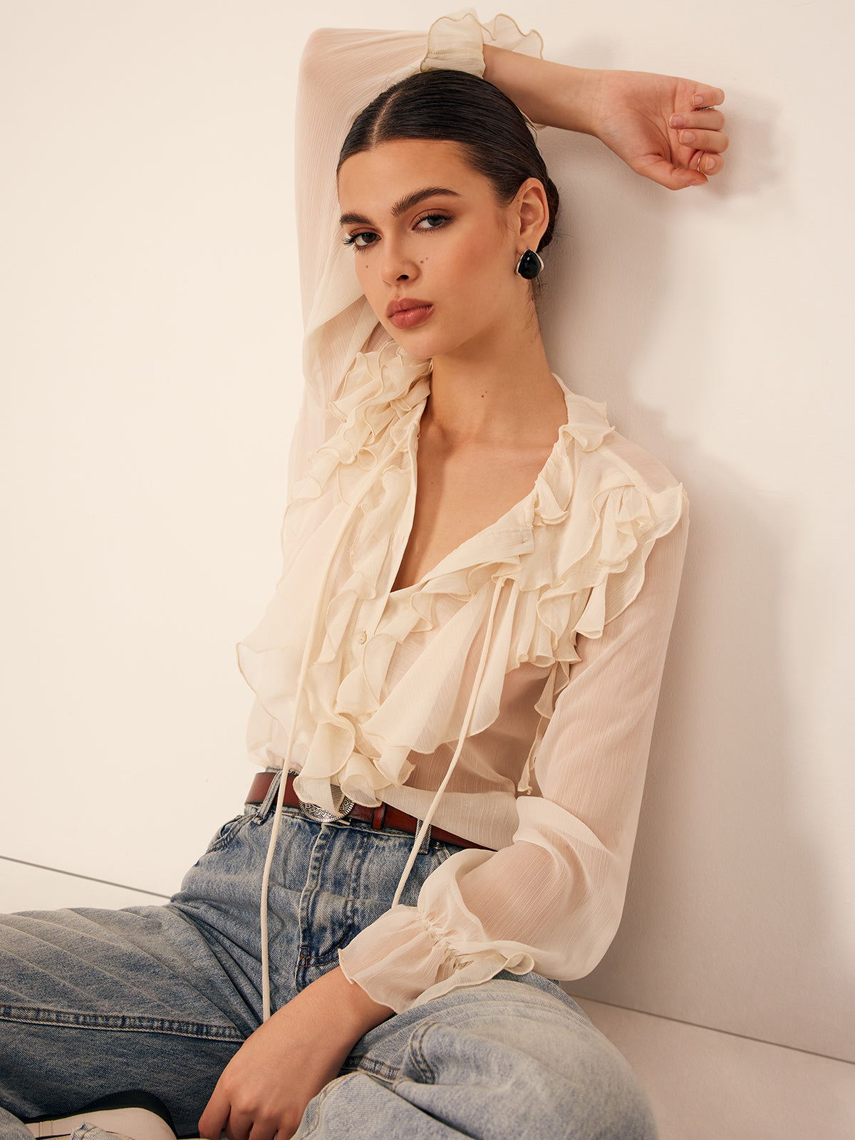 Semi-Sheer Ruffled Chiffon Blouse with Bust