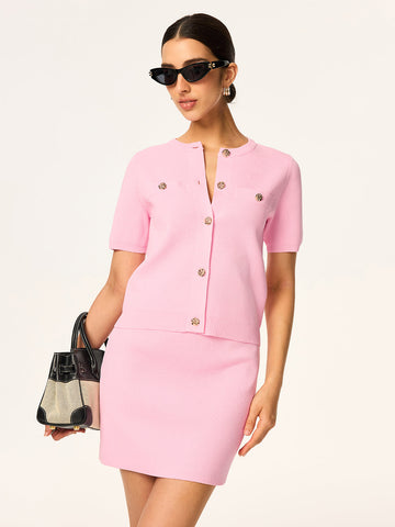 Knitted Short-Sleeved Cardigan and Skirt Set 