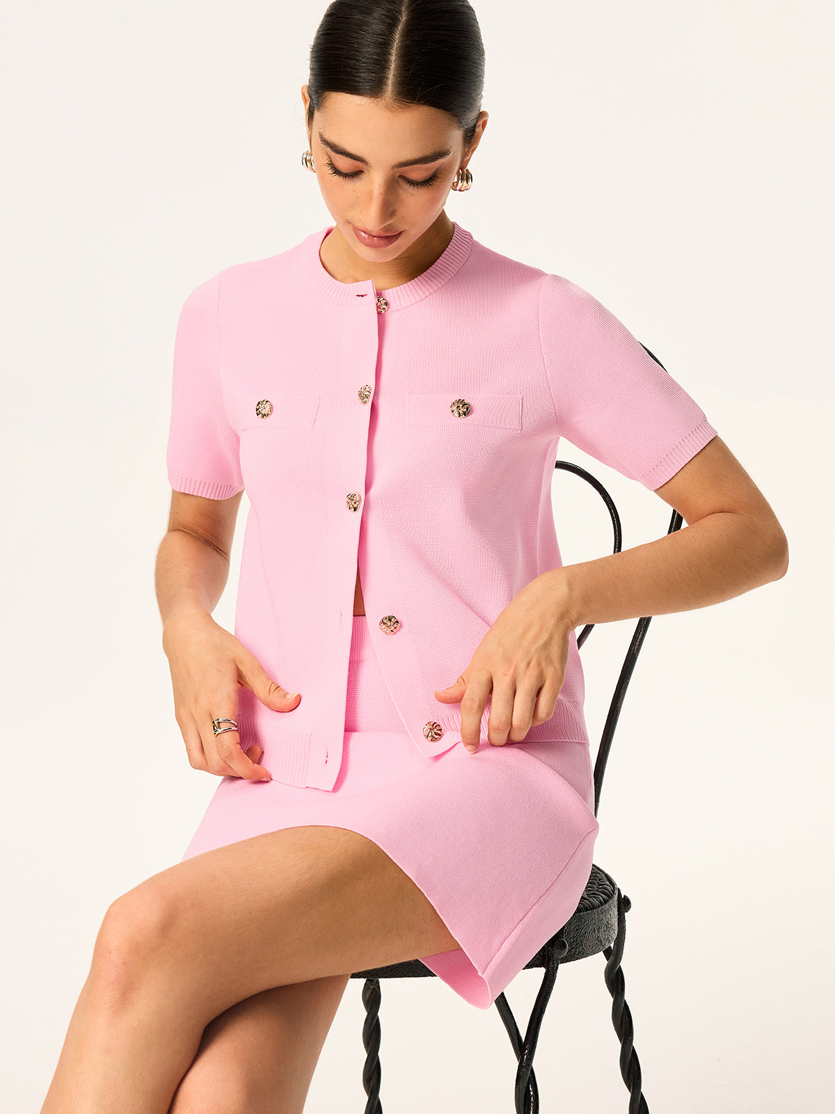 Knitted Short-Sleeved Cardigan and Skirt Set 