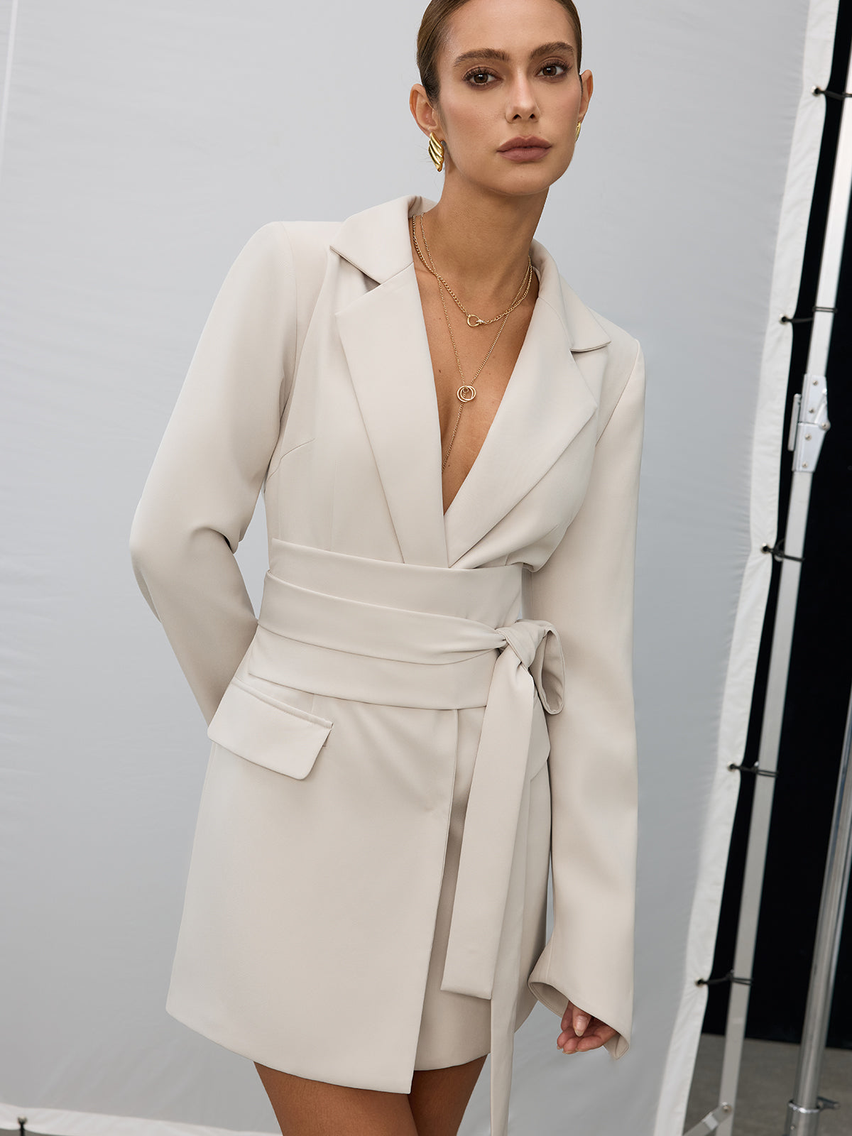 Double-Bottom Belted Blazer Dress 