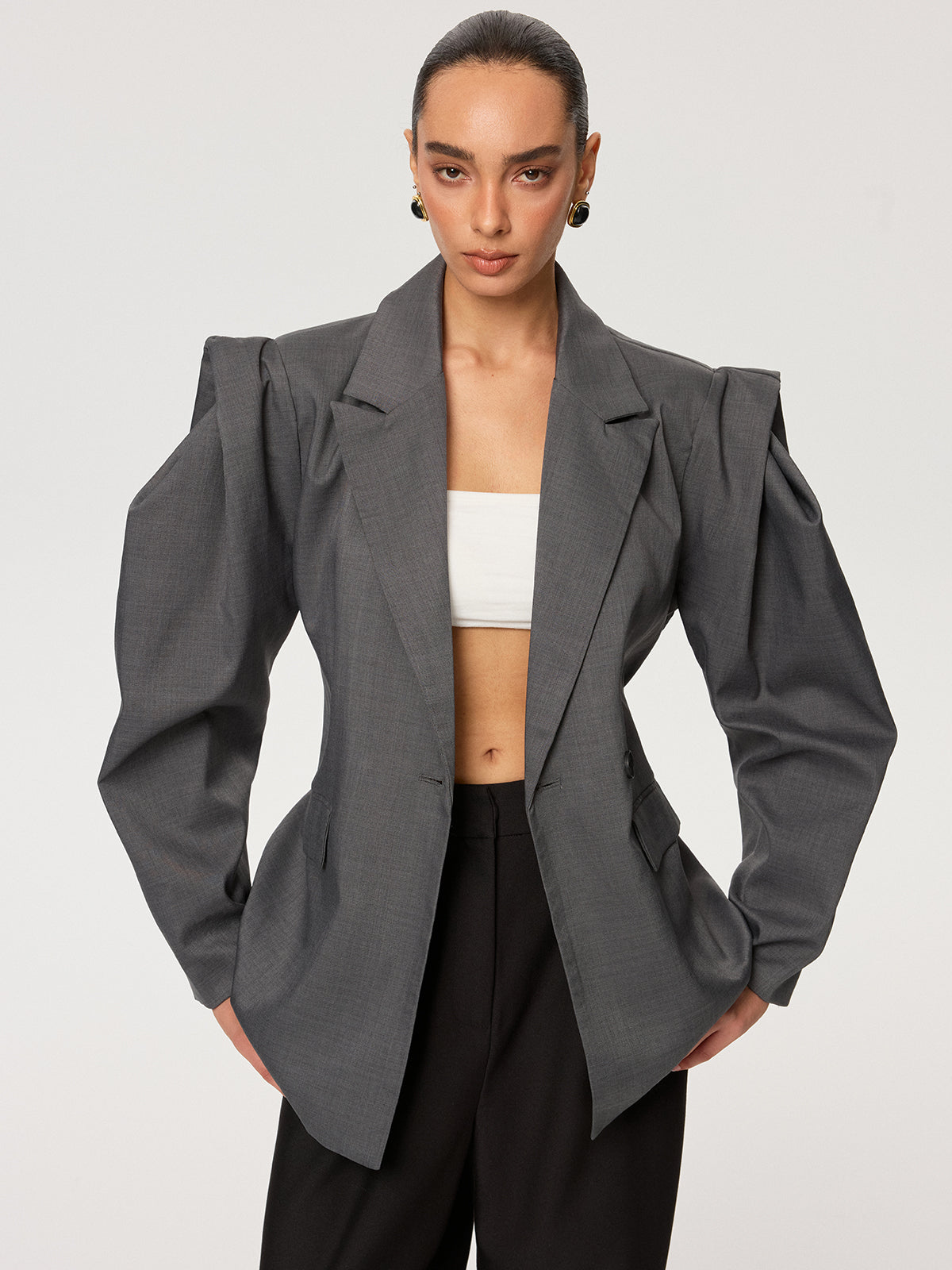 Belted Blazer Jacket with Balloon Sleeves 