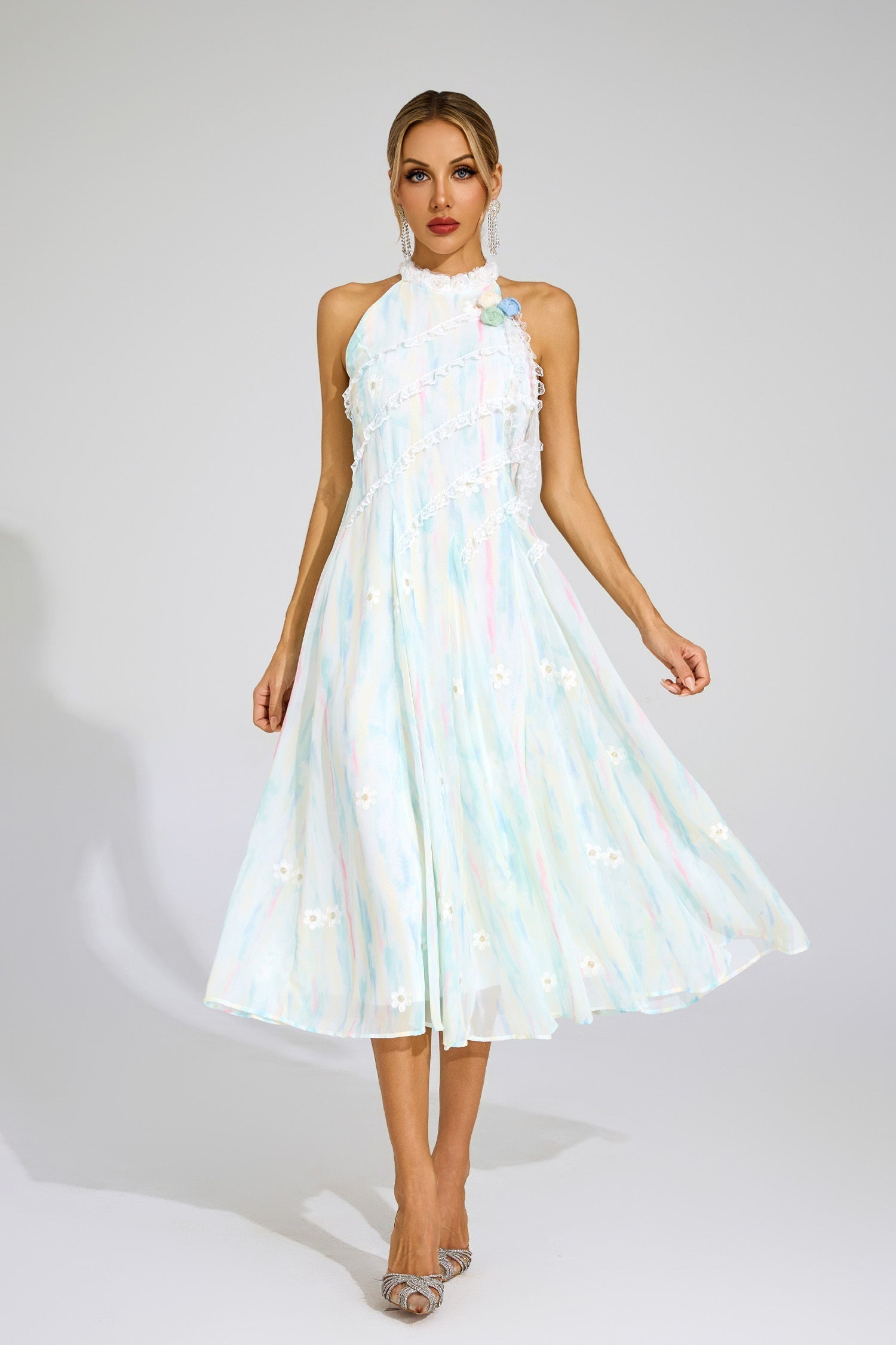 Celeste Pastel Dantel Midi Elbise
