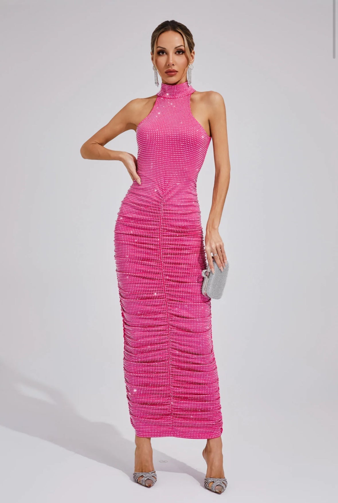 Kaia Rhinestone Ruched Maxi Elbise