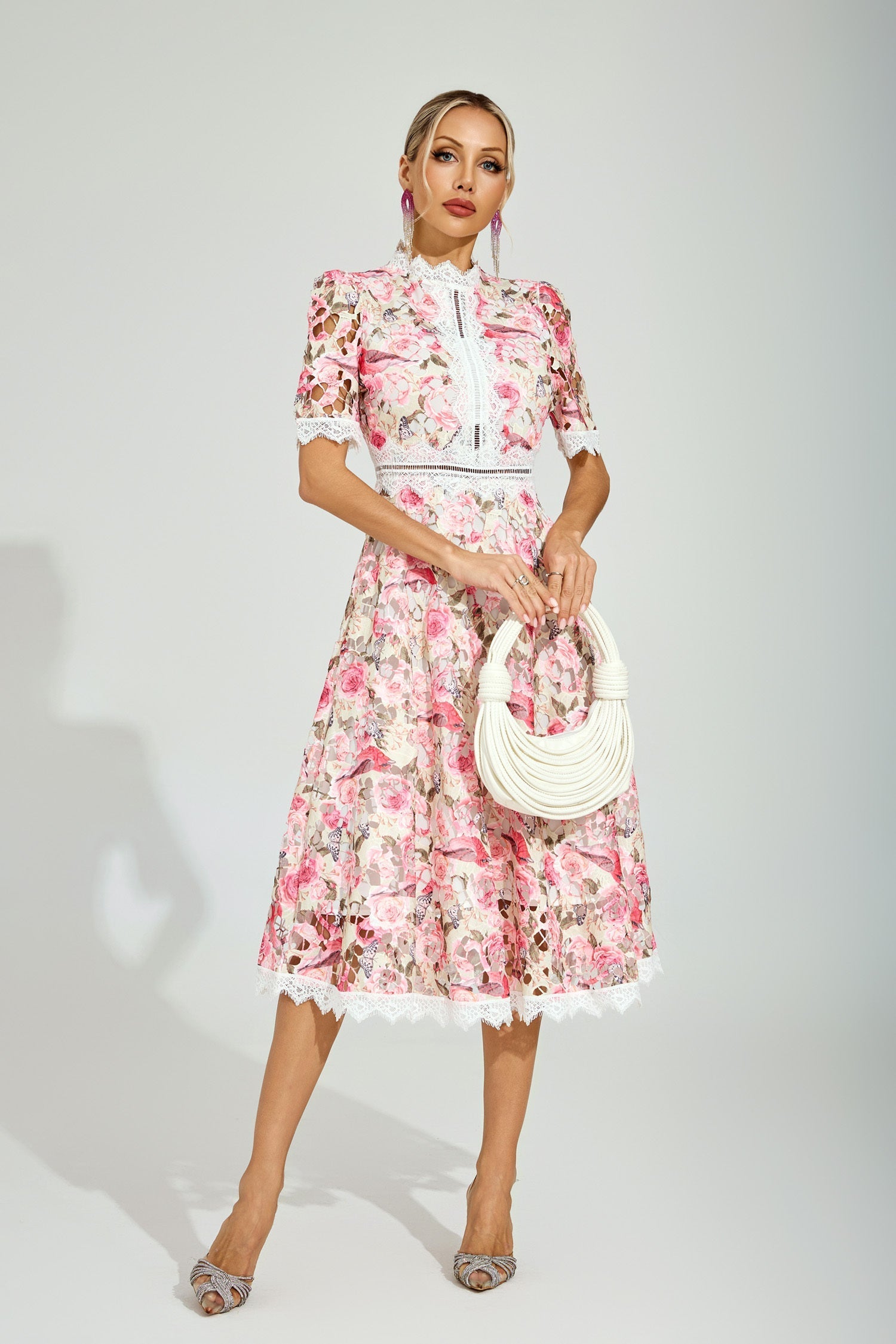 Rose Éclat Dantel Midi Elbise