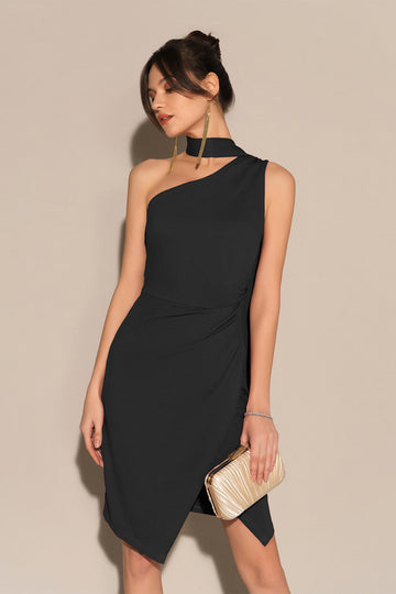 One-Shoulder Wrap Skirt Party Midi Dress - Black