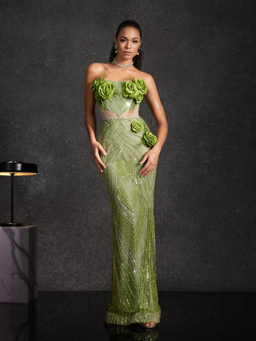 Trägerloses Maxikleid mit Blumenmuster und Pailletten zum Eid-Fest