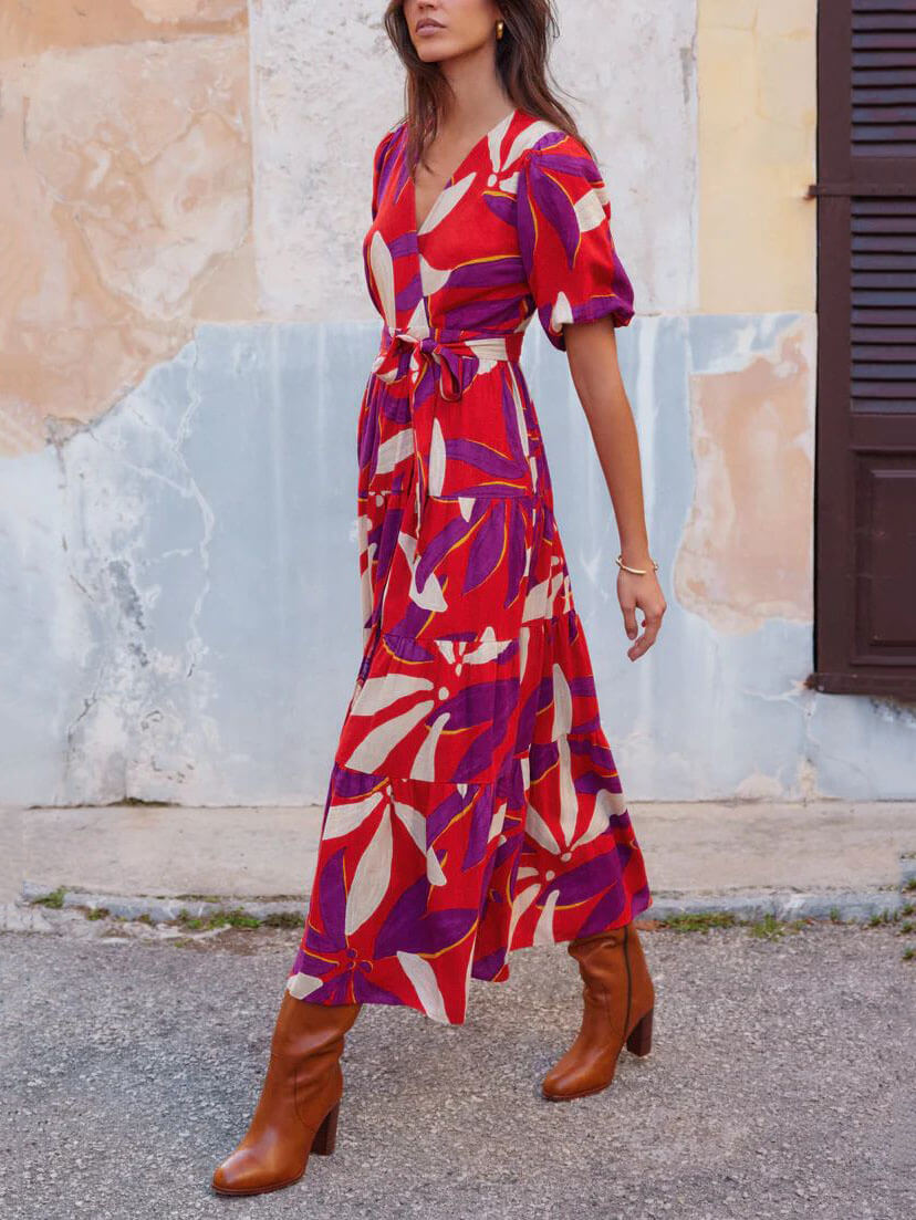V-Neck Puff Sleeve Slit Printed Maxi Dress