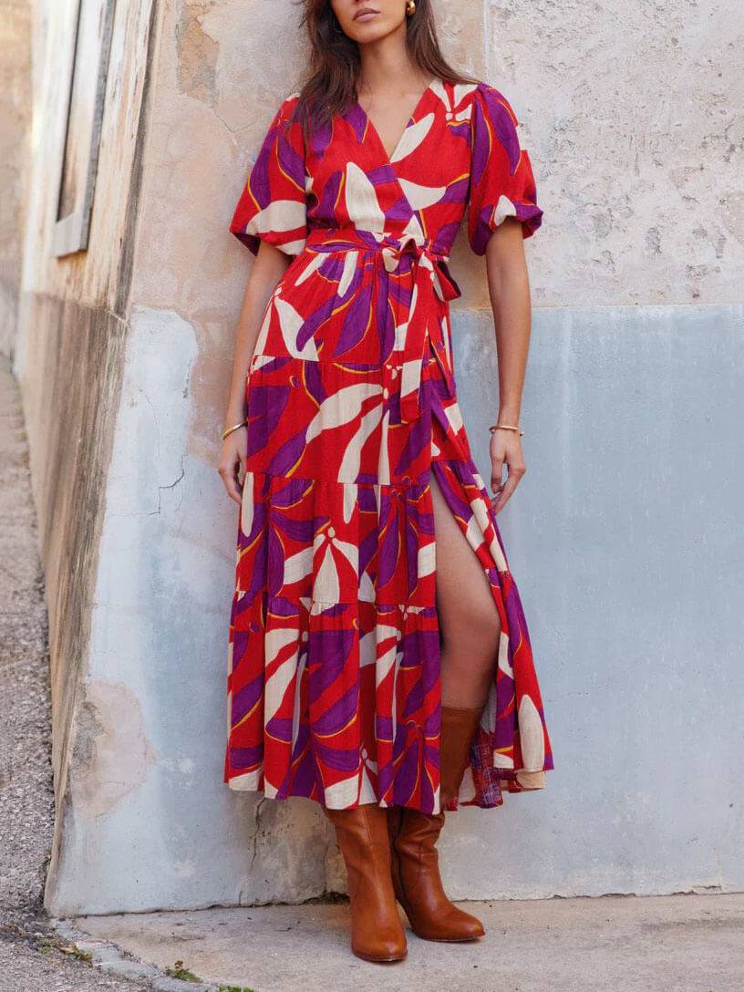 V-Neck Puff Sleeve Slit Printed Maxi Dress
