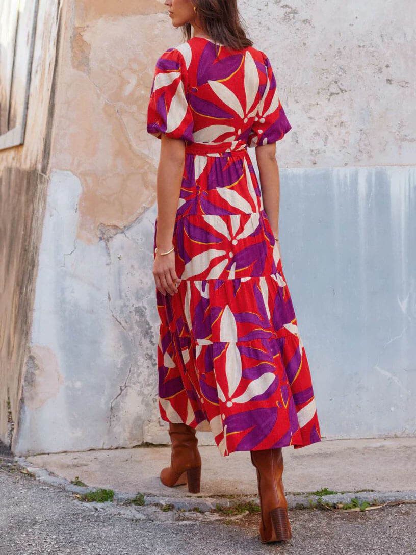 V-Neck Puff Sleeve Slit Printed Maxi Dress