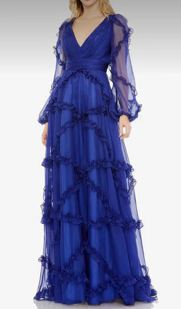 Maxikleid aus Mesh mit langen Ärmeln und V-Ausschnitt