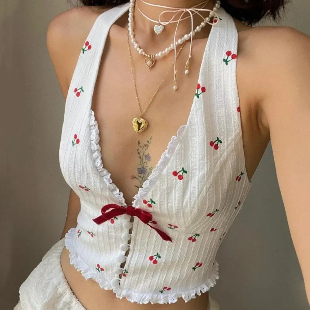 Kirschmuster-Bluse mit Neckholder 